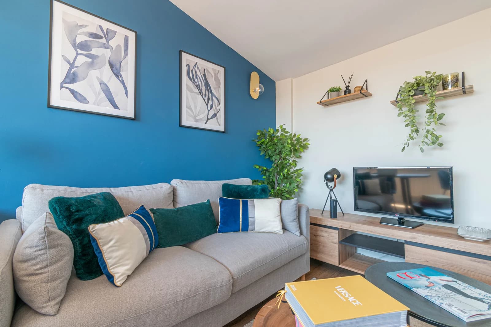 Cozy sofa corner with hanging plants and natural-wood media console
