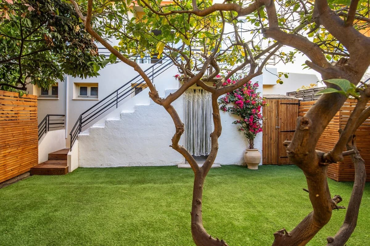 Garden looking back at white stair entry framed by gnarled tree branches