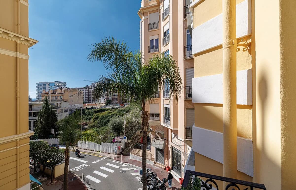 Iron balcony framing palm-lined Monaco street and neighbouring facades