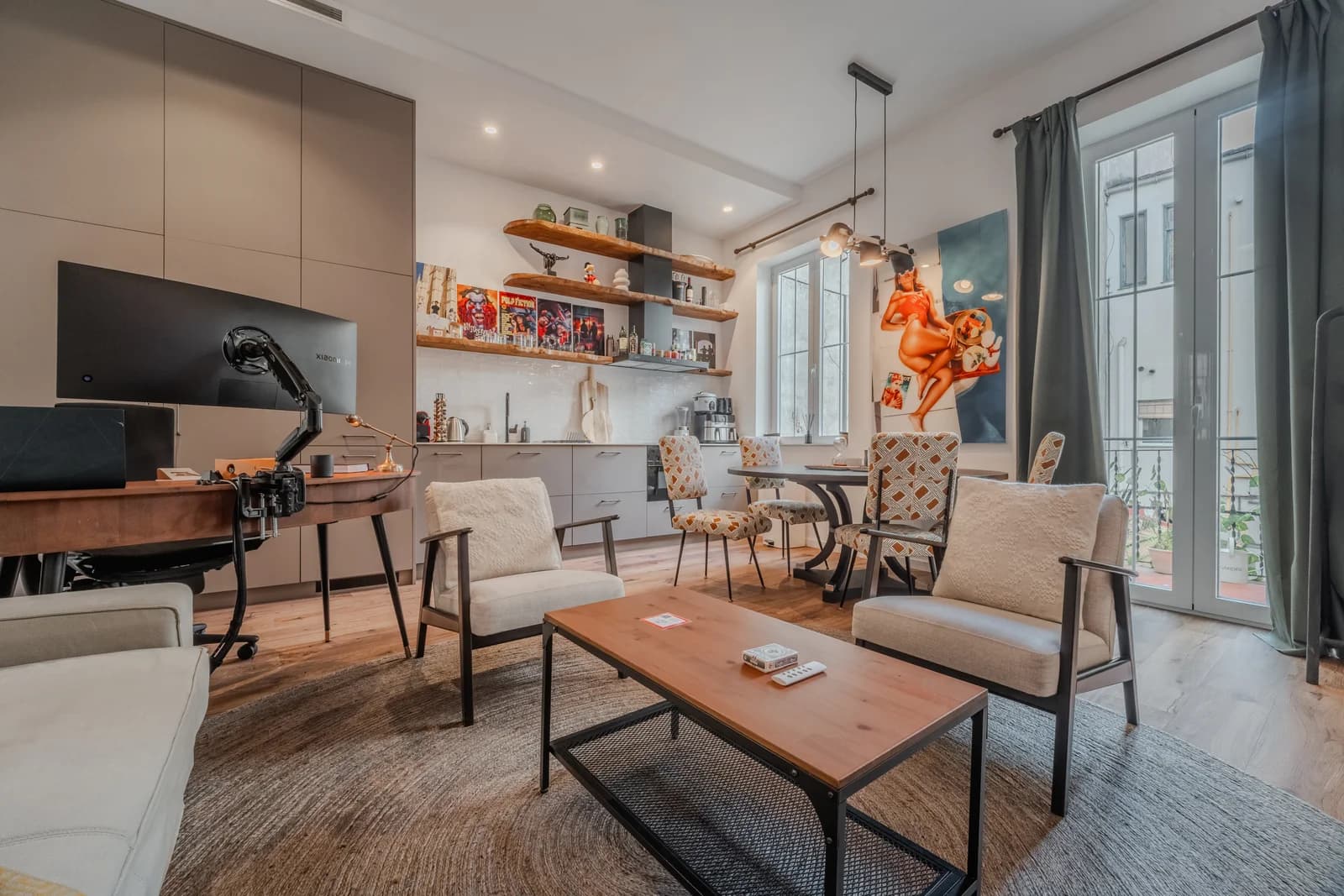 Living room with playful cowboy art and floating walnut shelves
